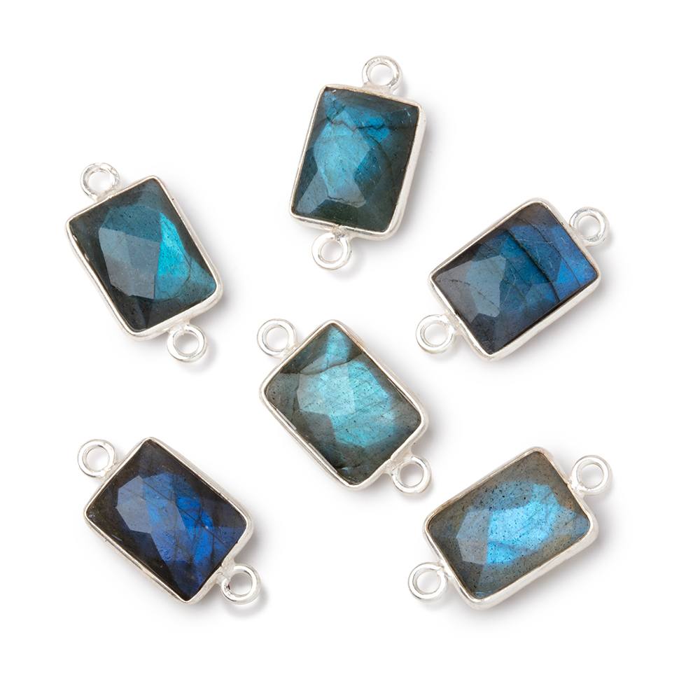 12x9mm Silver Bezel Labradorite Faceted Rectangle with Blue Flash 1 Connector - Beadsofcambay.com