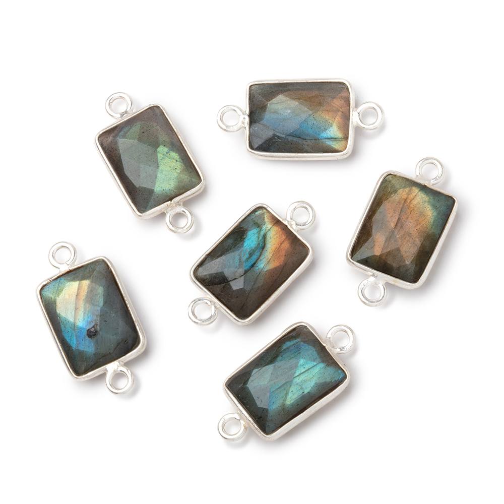 12x9mm Silver Bezel Labradorite Faceted Rectangle with Multi Flash 1 Connector - Beadsofcambay.com