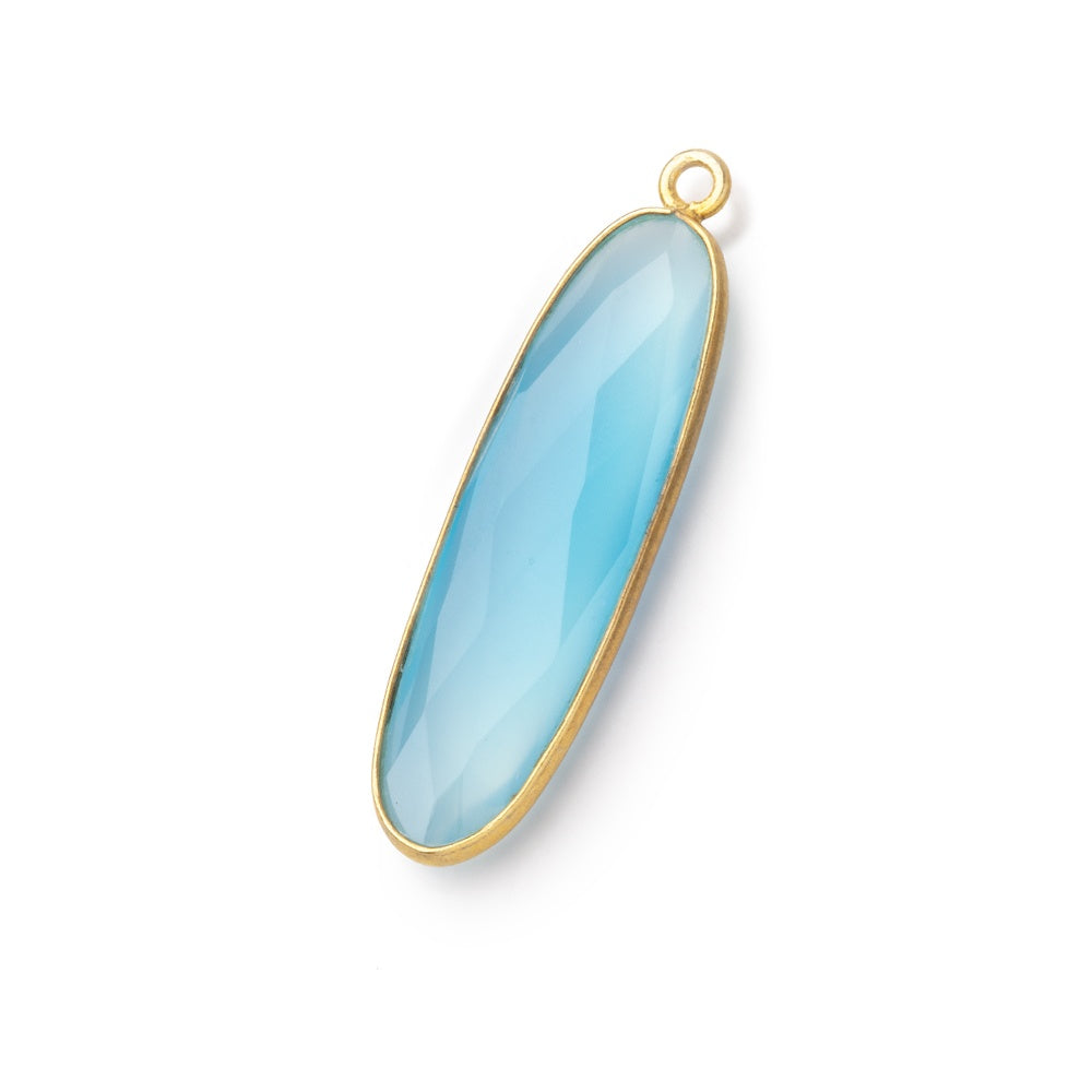 31x9mm Vermeil Bezel Santorini Blue Chalcedony Elongated Oval 1 Pendant - BeadsofCambay.com