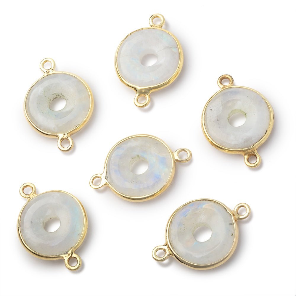 13mm Vermeil Bezel Rainbow Moonstone Coin with Void Connector 1 piece - Beadsofcambay.com