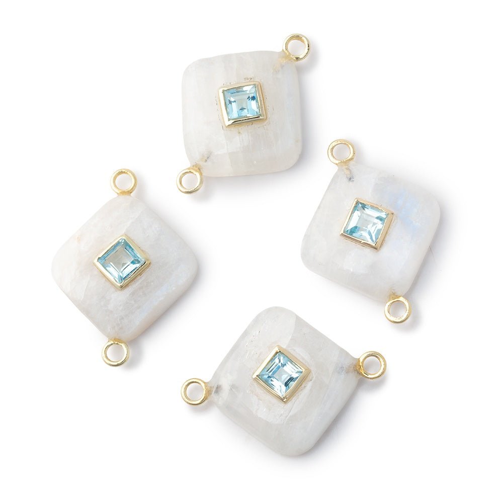 14mm Rainbow Moonstone Cushion with Bezeled Aqua Inlay 1 Connector - Beadsofcambay.com