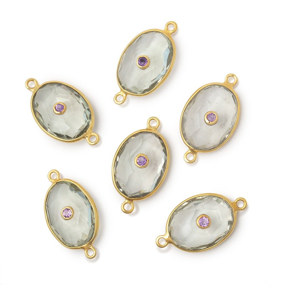 14x11mm Vermeil Bezel Prasiolite Oval with Bezel Amethyst Inlay 1 Connector - Beadsofcambay.com