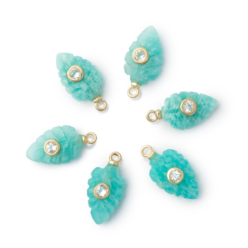 14x9mm Amazonite Carved Leaf with Bezeled White Topaz Inlay 1 Pendant - Beadsofcambay.com
