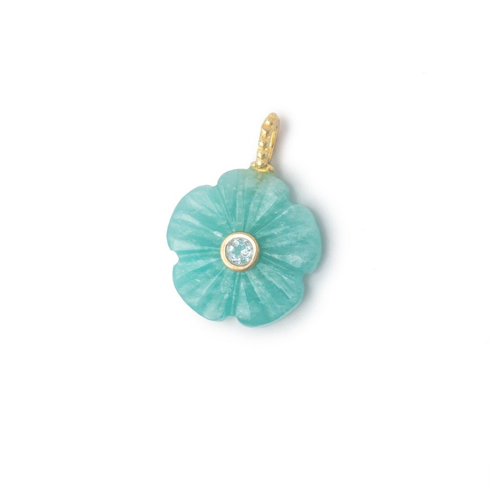 16mm Amazonite Carved Flower with Bezeled Aquamarine Inlay 1 Pendant - Beadsofcambay.com