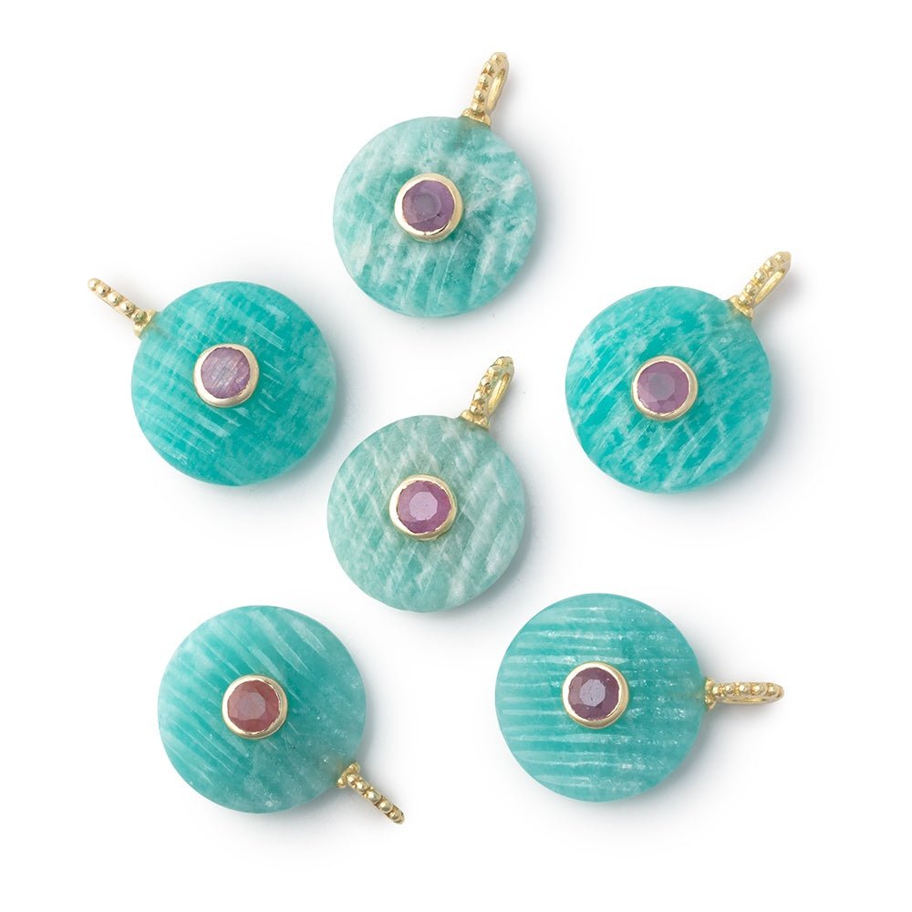 16mm Amazonite Caved Coin with Bezeled Ruby Inlay 1 Pendant - Beadsofcambay.com