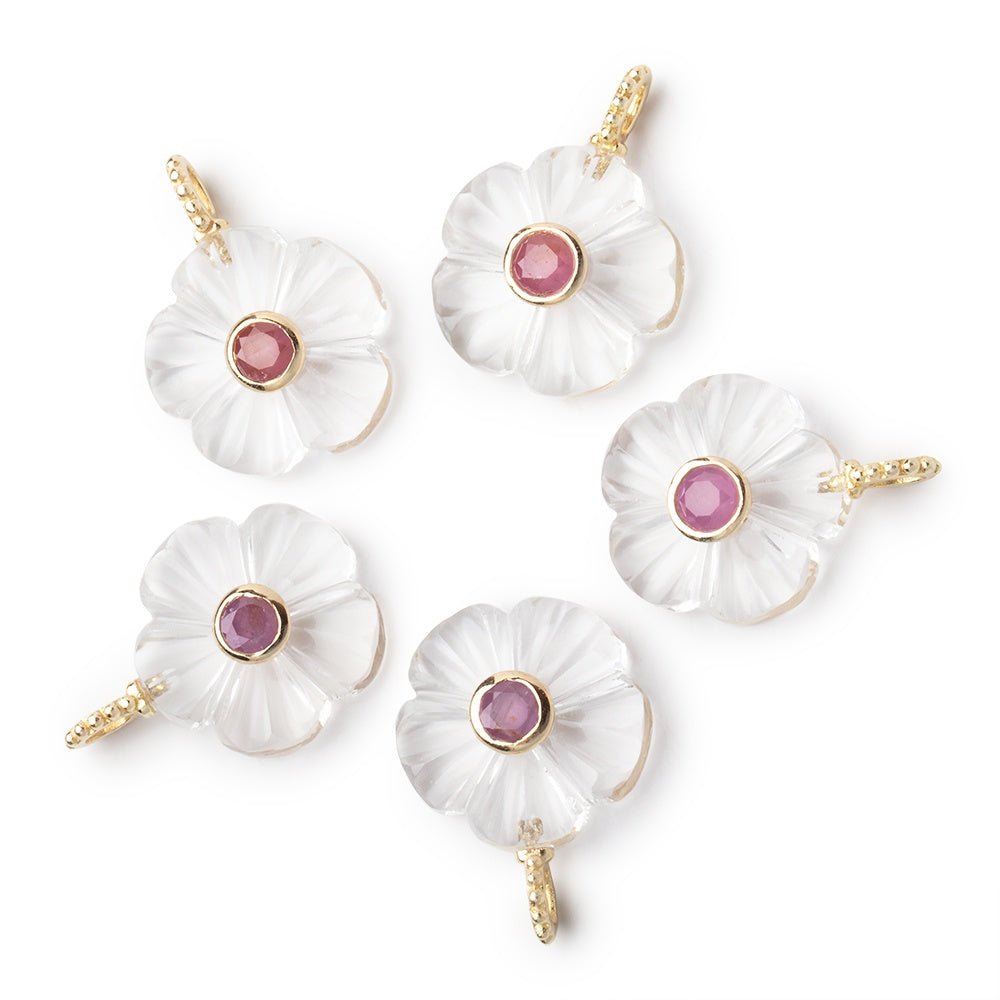 16mm Crystal Quartz Carved Flower with Bezel Ruby Inlay 1 Pendant - Beadsofcambay.com