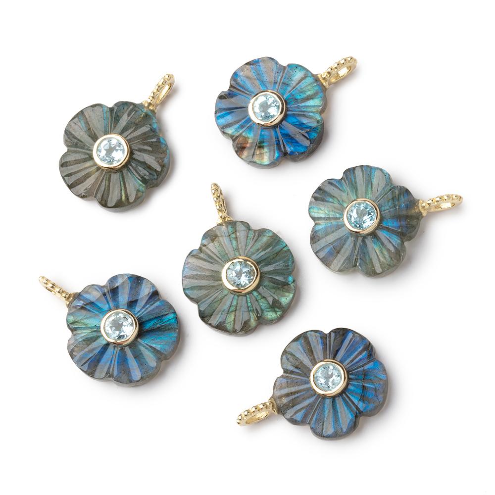 16mm Labradorite Carved Flower with Bezeled Aqua Inlay 1 Pendant - Beadsofcambay.com