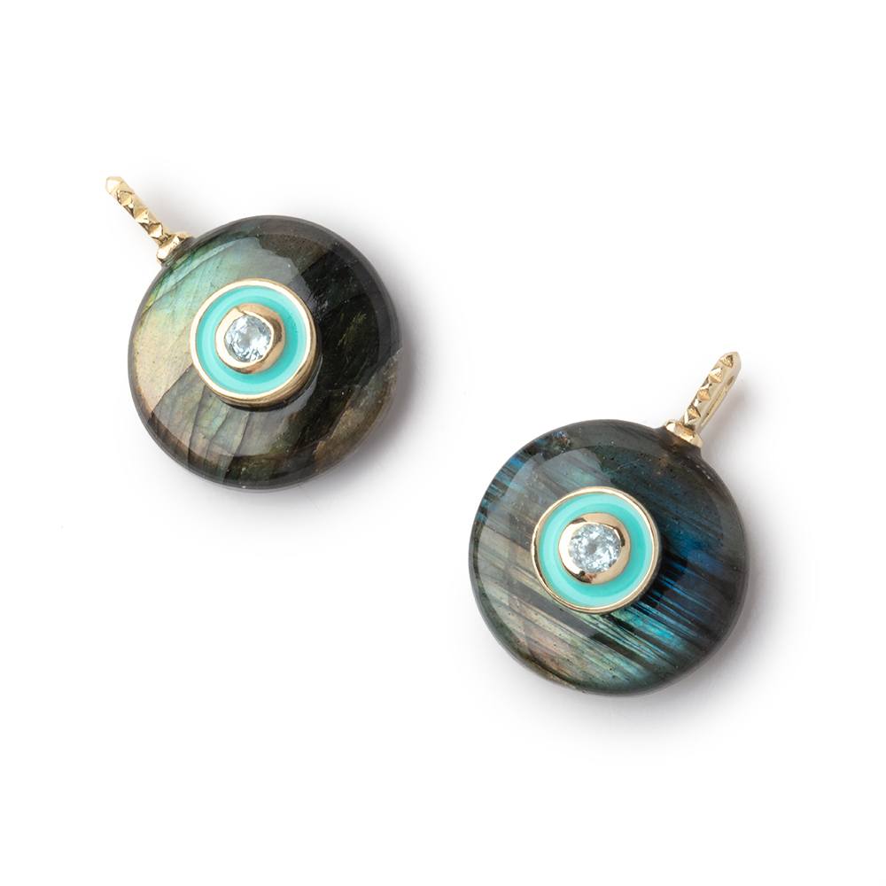 16mm Labradorite Coin with an Enamel Bezeled Aqua Inlay 1 Pendant - Beadsofcambay.com