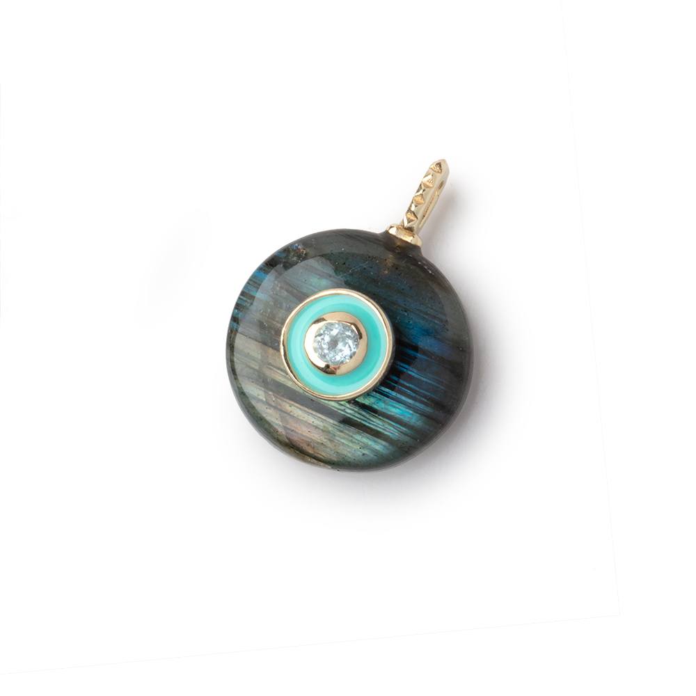 16mm Labradorite Coin with an Enamel Bezeled Aqua Inlay 1 Pendant - Beadsofcambay.com