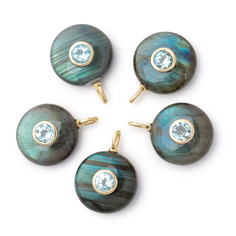 16mm Labradorite Coin with Bezeled Aquamarine Inlay 1 Pendant - Beadsofcambay.com