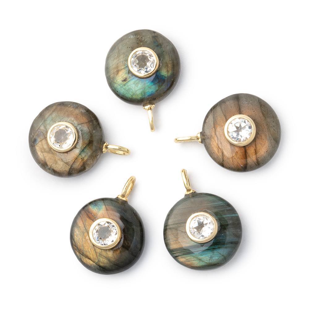 16mm Labradorite Coin with Bezeled White Topaz Inlay 1 Pendant - Beadsofcambay.com