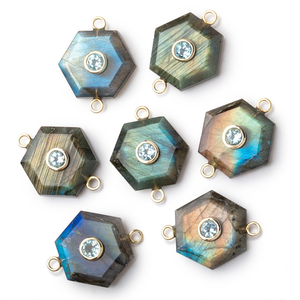 16mm Labradorite Hexagon with Bezeled Aqua Inlay 1 Connector - Beadsofcambay.com