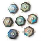 16mm Labradorite Hexagon with Bezeled Aqua Inlay 1 Connector - Beadsofcambay.com