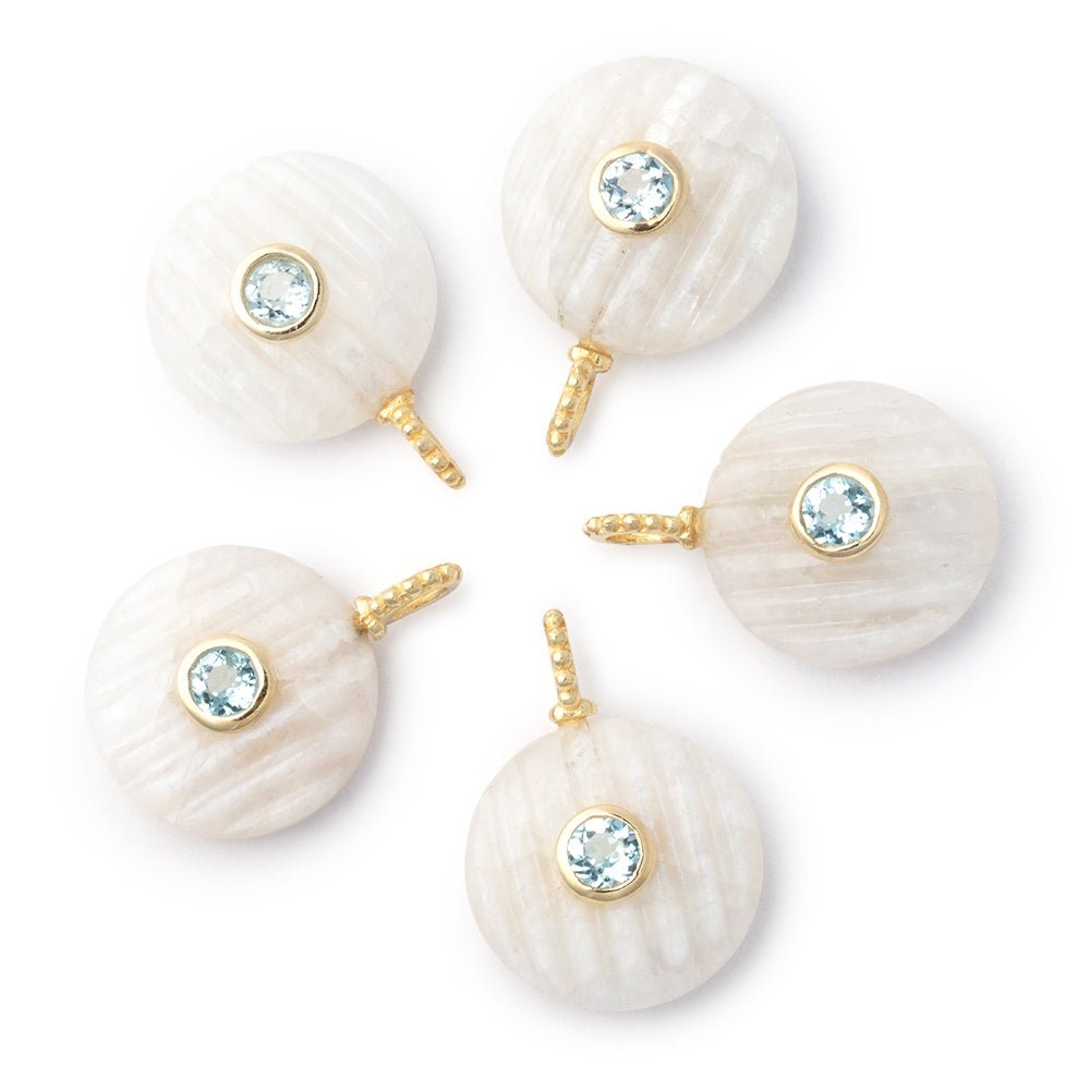 16mm Rainbow Moonstone Carved Coin with Bezel Aqua Inlay 1 Pendant - Beadsofcambay.com