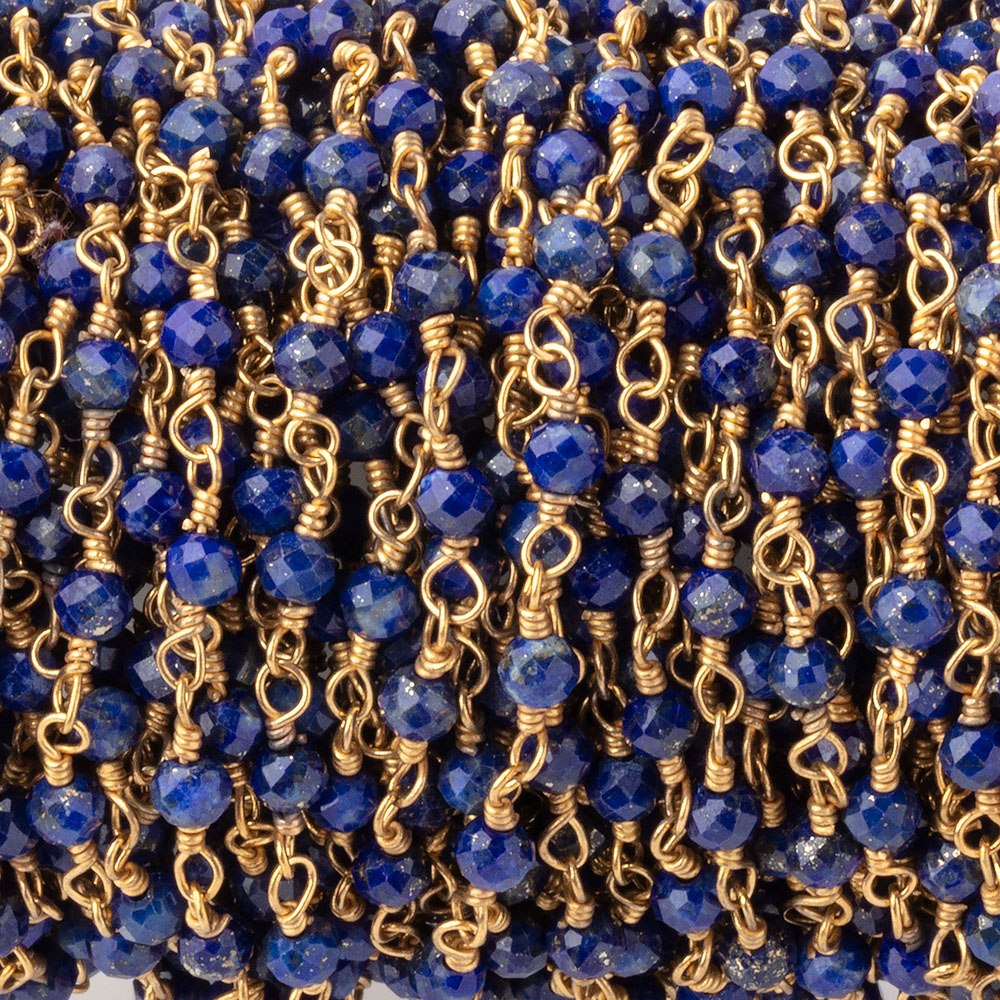 3mm Lapis Lazuli micro-faceted rondelle Gold plated Chain - BeadsofCambay.com