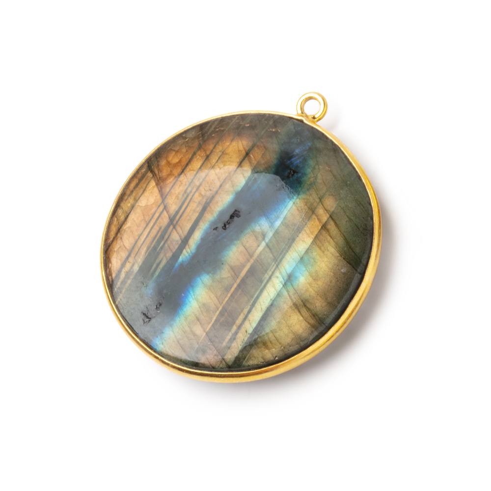 31.5mm Vermeil Bezel Labradorite Plain Coin Pendant 1 piece - BeadsofCambay.com