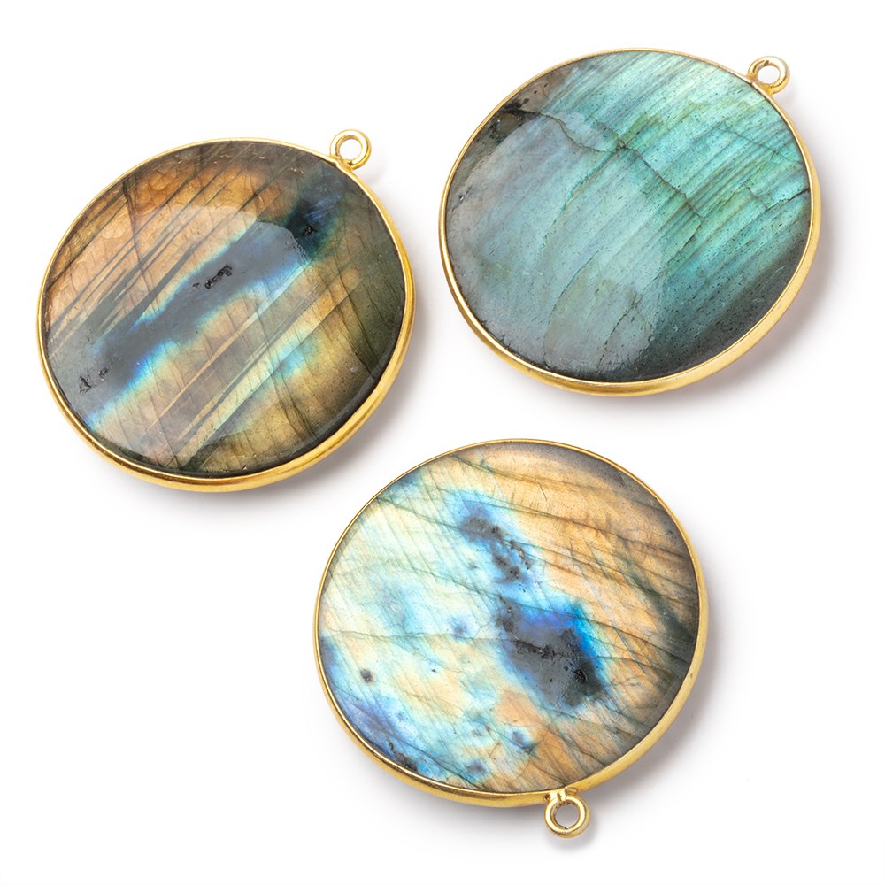 31.5mm Vermeil Bezel Labradorite Plain Coin Pendant 1 piece - BeadsofCambay.com