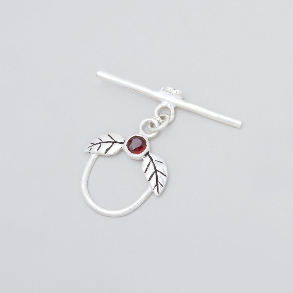 17x18mm Antiqued Sterling Silver Toggle with Leaves and Garnet 1 piece - BeadsofCambay.com