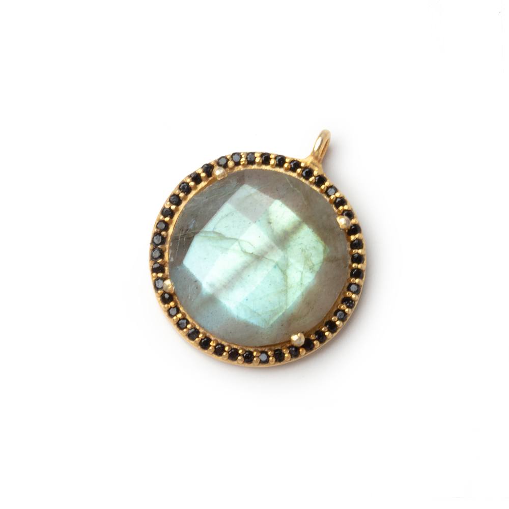 17mm Vermeil & Black CZ Bezel Labradorite Coin Pendant 1 Focal - Beadsofcambay.com