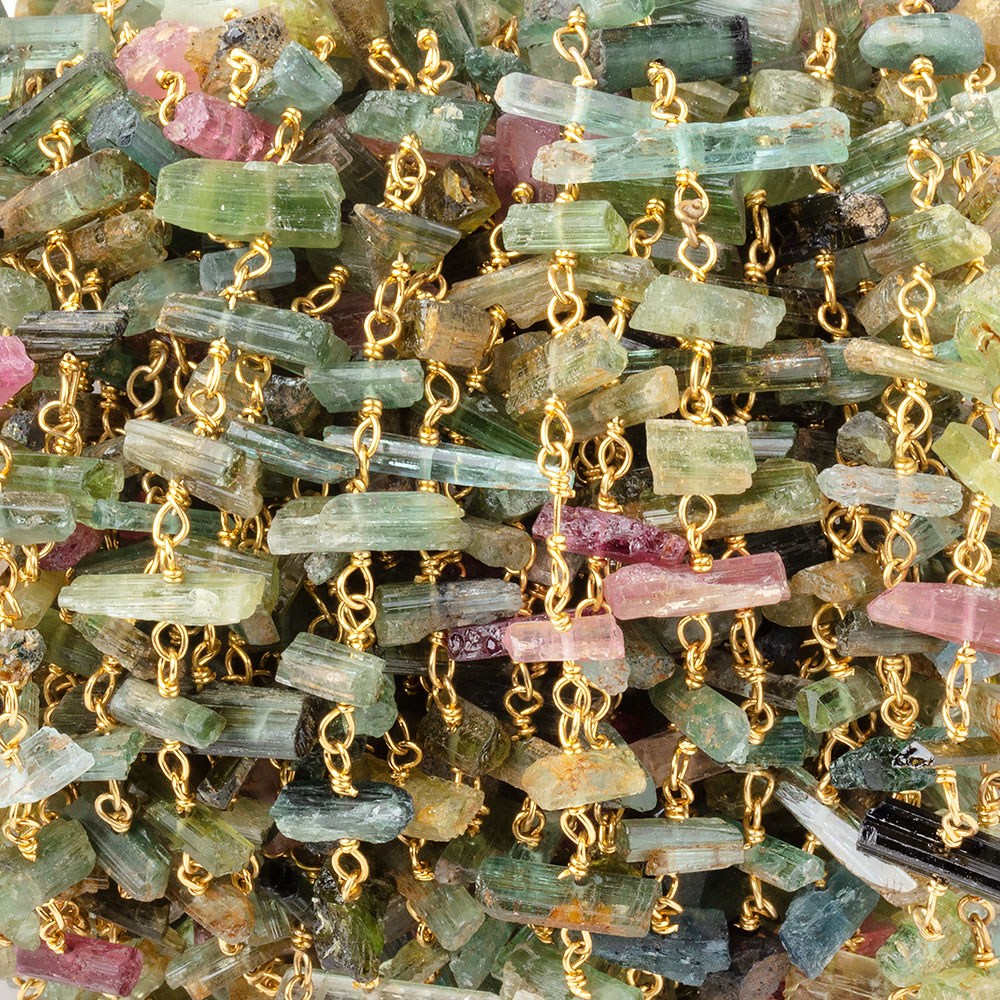 4x2-10x3mm Multi Color Tourmaline Natural Crystal on Vermeil Chain - BeadsofCambay.com