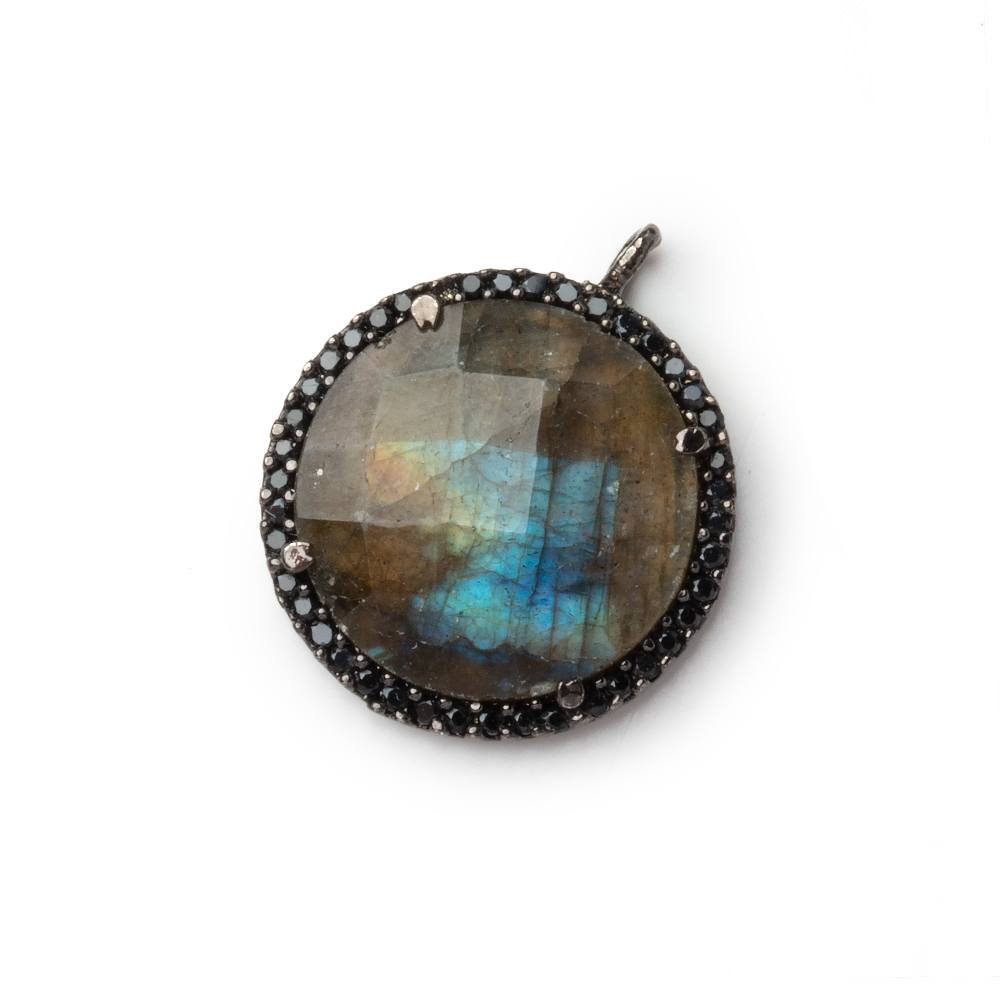 19mm Black Gold & Black CZ Bezel Labradorite Coin Pendant 1 Focal - Beadsofcambay.com
