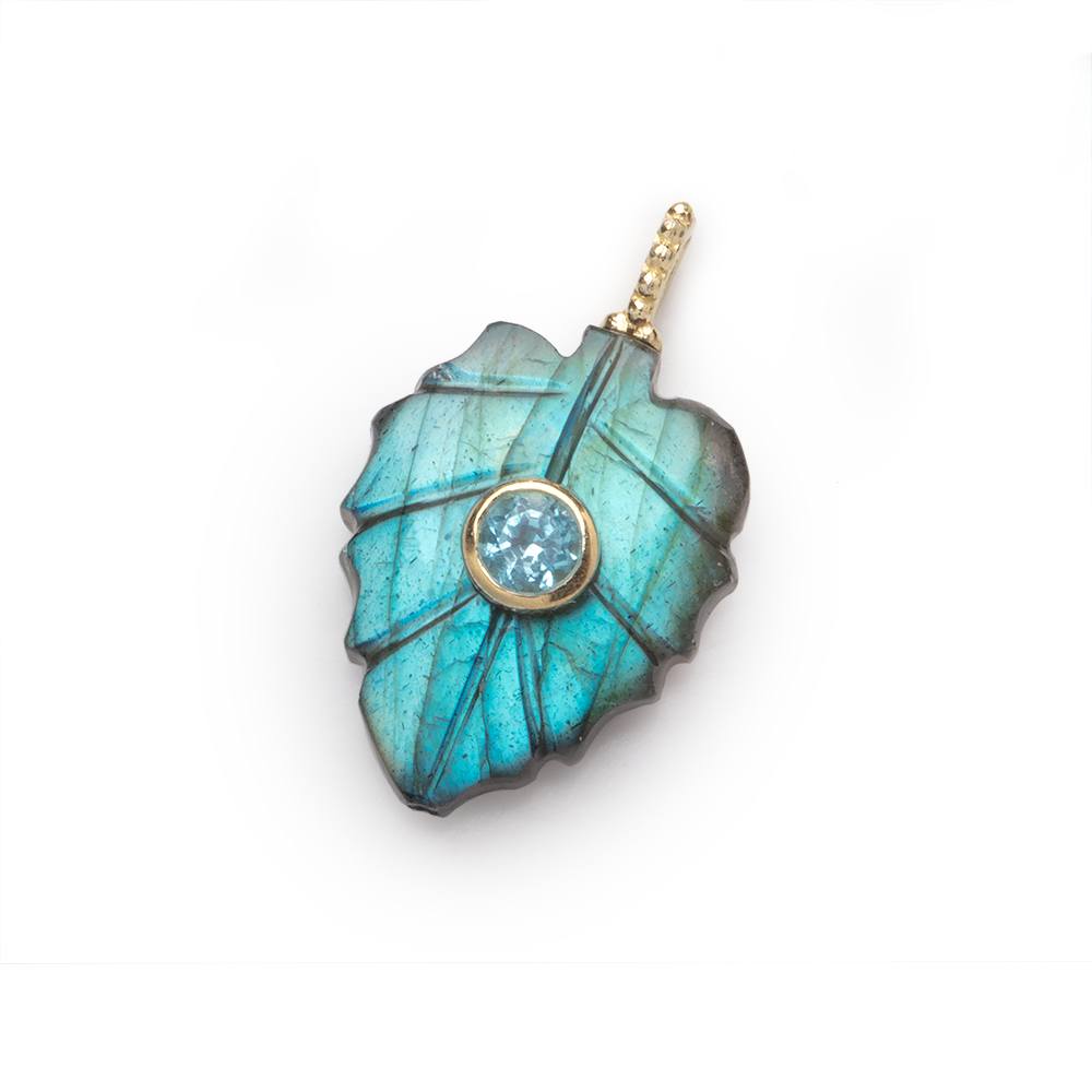 20x15.5mm Labradorite Carved Leaf with Bezeled Aqua Inlay 1 Pendant - Beadsofcambay.com