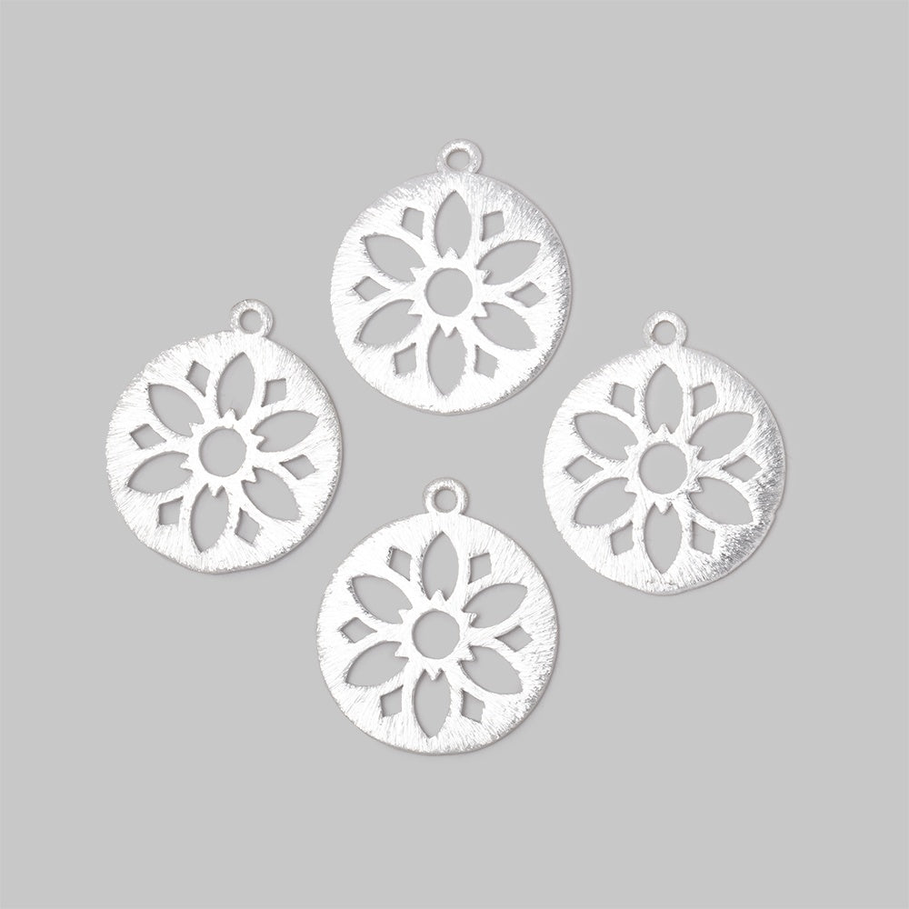 21mm Silver Plated Brushed Filigree Coin Charm Set of 4 pieces - Beadsofcambay.com