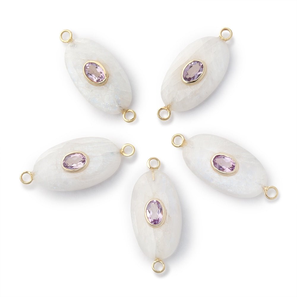 21x12mm Rainbow Moonstone Oval with Bezel Pink Amethyst Inlay Connector - Beadsofcambay.com