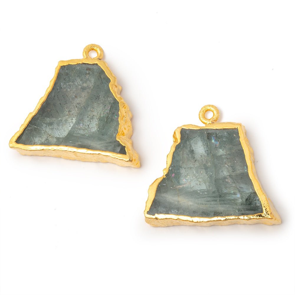 21x24mm Gold Leafed Moss Aquamarine Slice Pendant Focal Set of 2 - Beadsofcambay.com