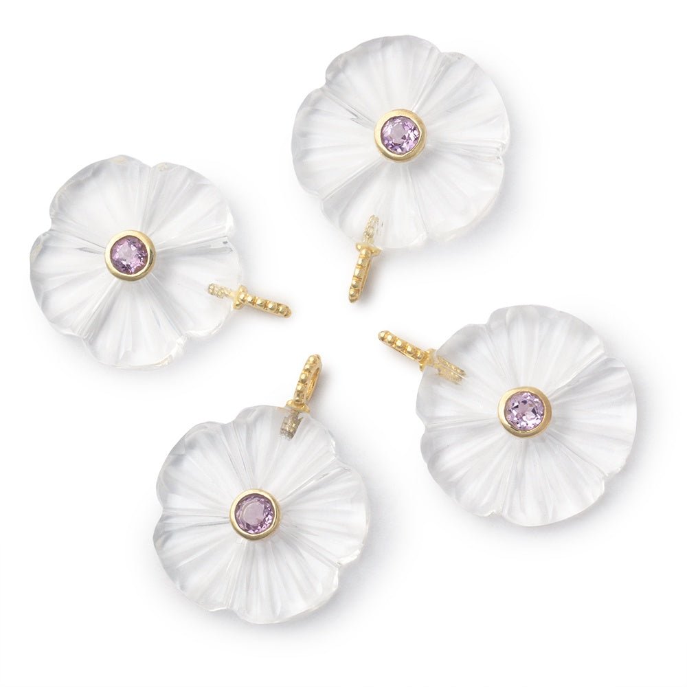 22mm Crystal Quartz Carved Flower with Bezel Pink Amethyst Inlay 1 Pendant - Beadsofcambay.com