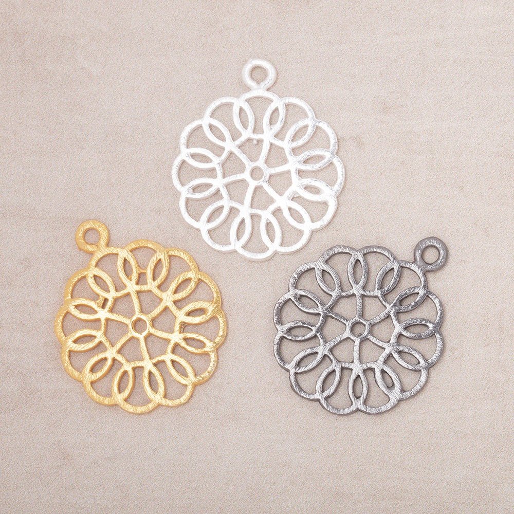 23.5mm Brushed Filigree Flower Charm Set of 2 pieces - Beadsofcambay.com