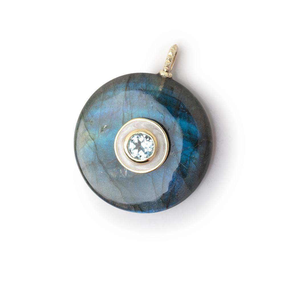 25mm Labradorite Coin with an Enamel Bezeled Aquamarine Inlay 1 Pendant - Beadsofcambay.com