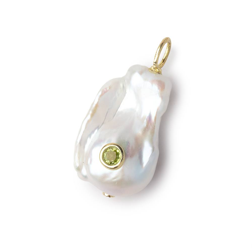 27x17mm White Ultra Baroque Pearl with Bezel Peridot Inlay 1 Pendant - Beadsofcambay.com
