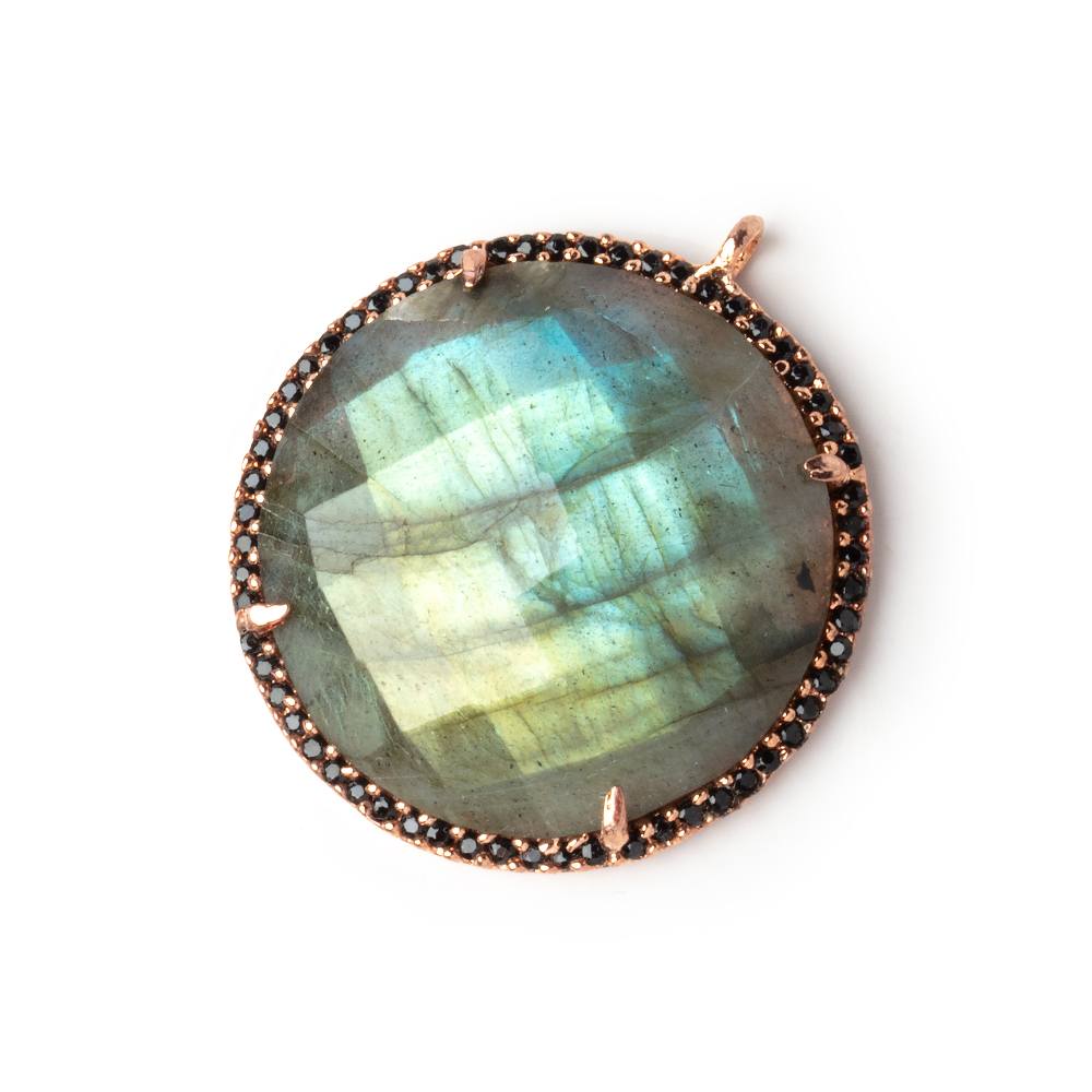 28mm Rose Gold & Black CZ Bezel Labradorite Coin Pendant 1 Focal - Beadsofcambay.com