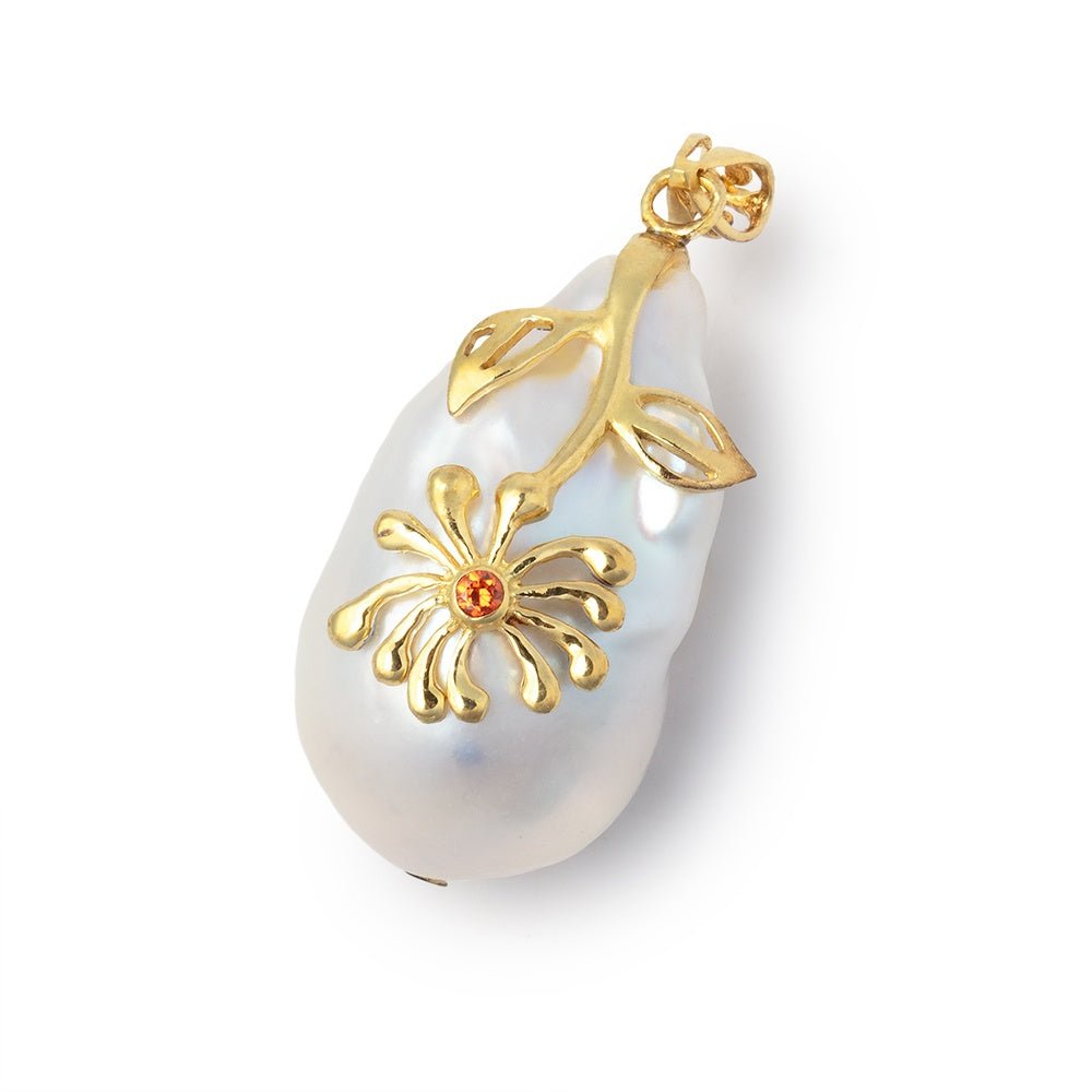 28x16mm Vermeil Capped White Ultra Baroque Pearl 1 Pendant - Beadsofcambay.com