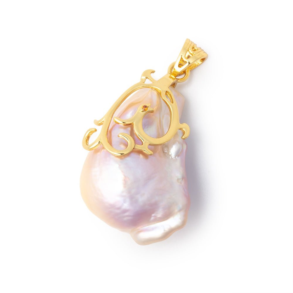 28x21mm Vermeil Capped Peach Ultra Baroque Pearl Pendant 1 focal - Beadsofcambay.com