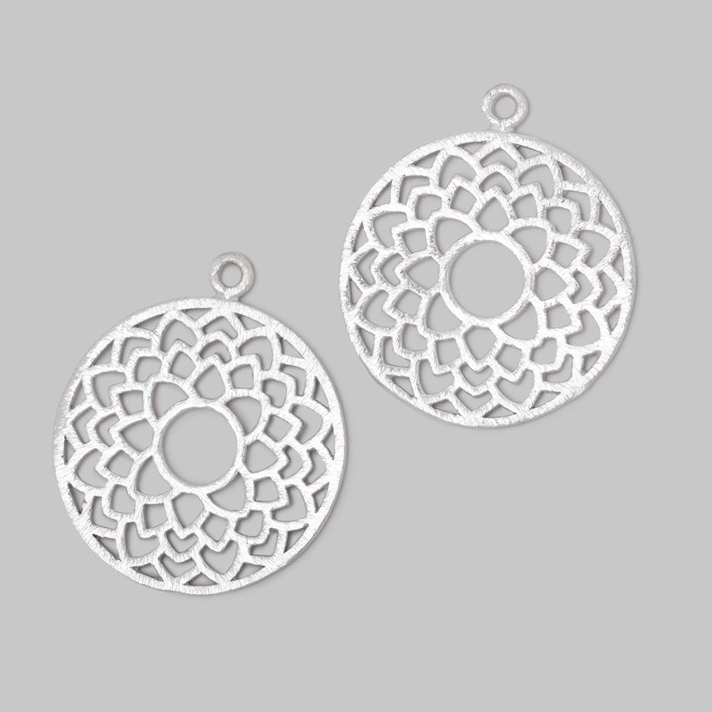 29.5mm Silver Plated Brushed Filigree Coin Charm Set of 2 pieces - Beadsofcambay.com