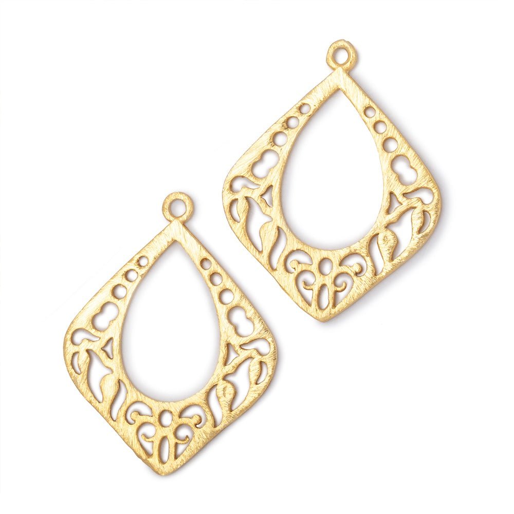 29x25mm 22kt Gold Plated Brushed Filigree Diamond Charm Set of 2 pieces - Beadsofcambay.com