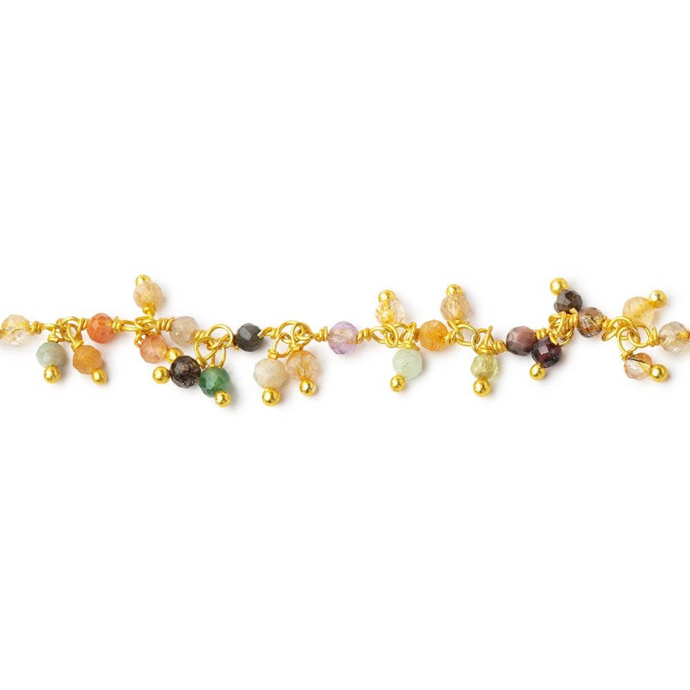 2mm Multi Gem Micro Faceted Rounds on Gold Plated Dangling Chain - Beadsofcambay.com
