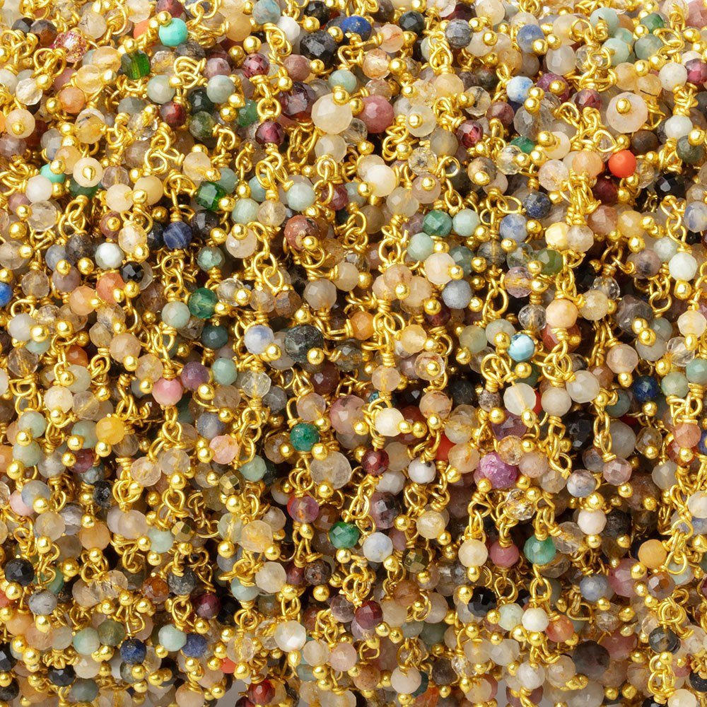 2mm Multi Gem Micro Faceted Rounds on Gold Plated Dangling Chain - Beadsofcambay.com