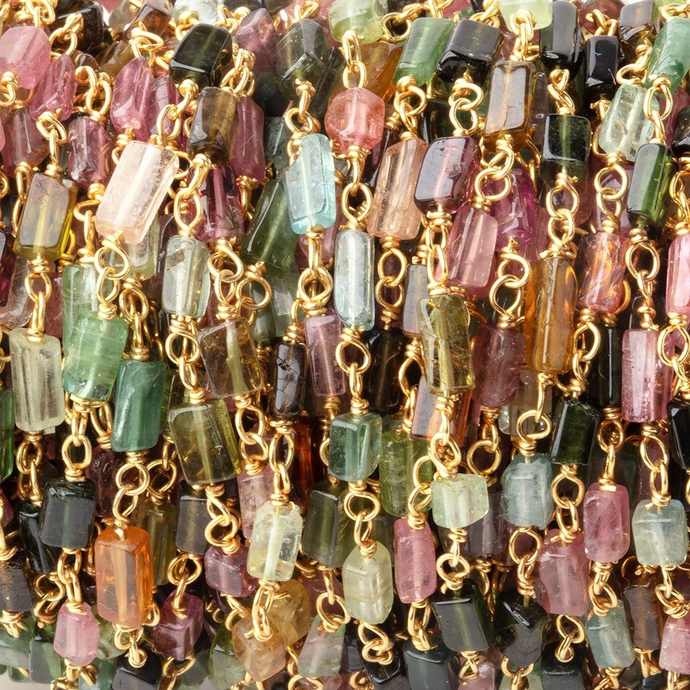 3 - 5mm Multi Color Tourmaline Plain Rectangles on Vermeil Chain - Beadsofcambay.com