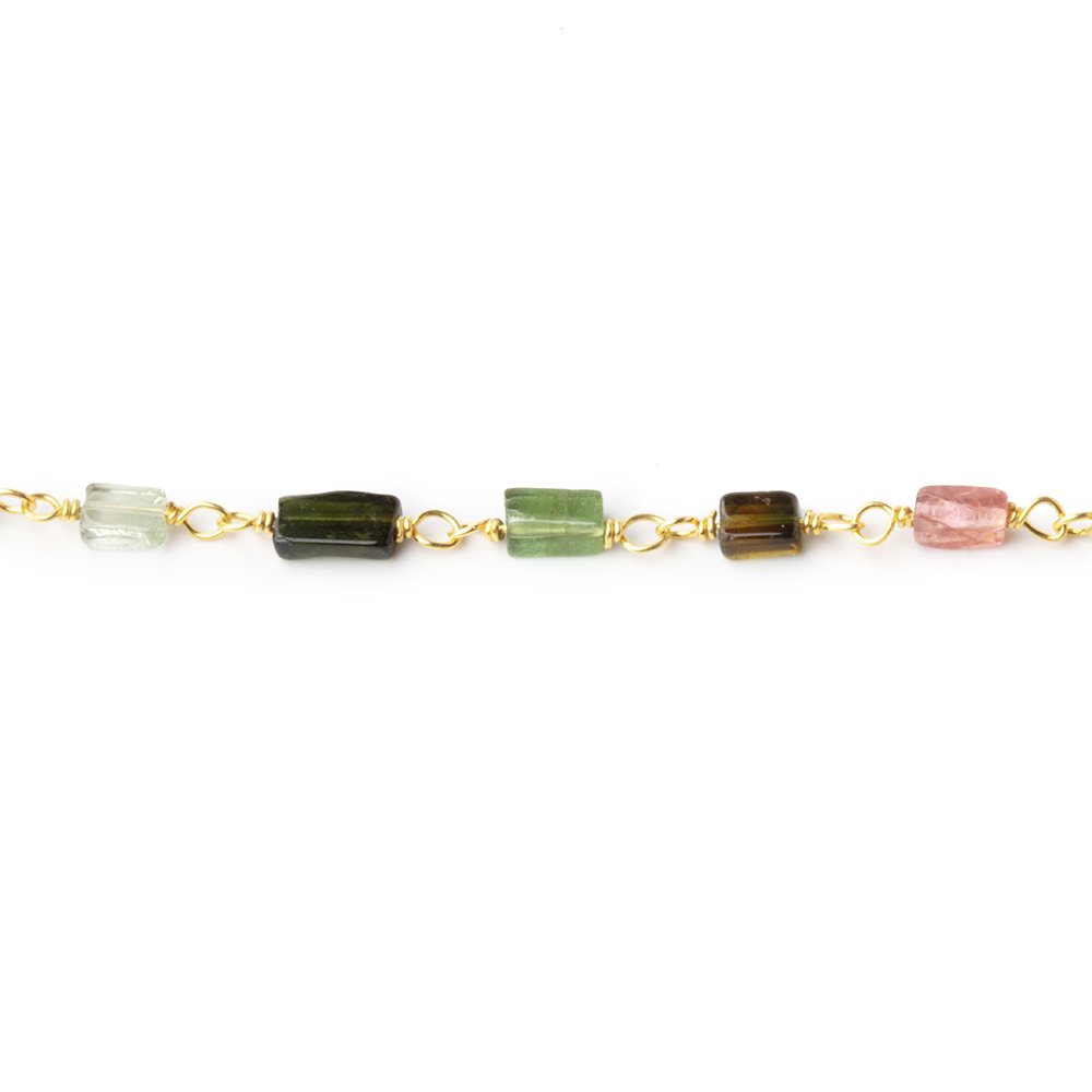 3 - 5mm Multi Color Tourmaline Plain Rectangles on Vermeil Chain - Beadsofcambay.com