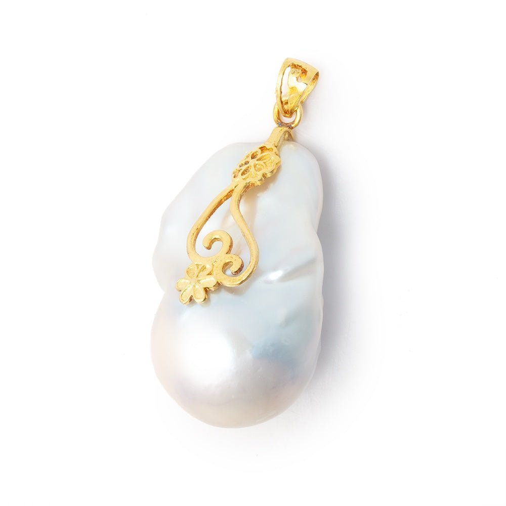 31x20mm Vermeil Capped White Ultra Baroque Pearl Pendant 1 focal - Beadsofcambay.com