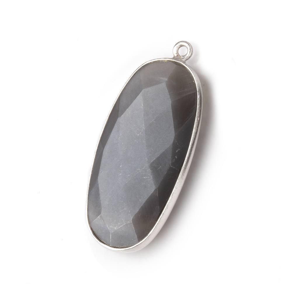 34x16mm Silver .925 Bezeled Platinum Grey Moonstone faceted Oval Pendant 1 piece - BeadsofCambay.com