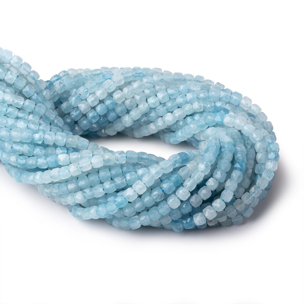 4mm Aquamarine micro faceted cubes 12.5 inch 74 pieces A - BeadsofCambay.com