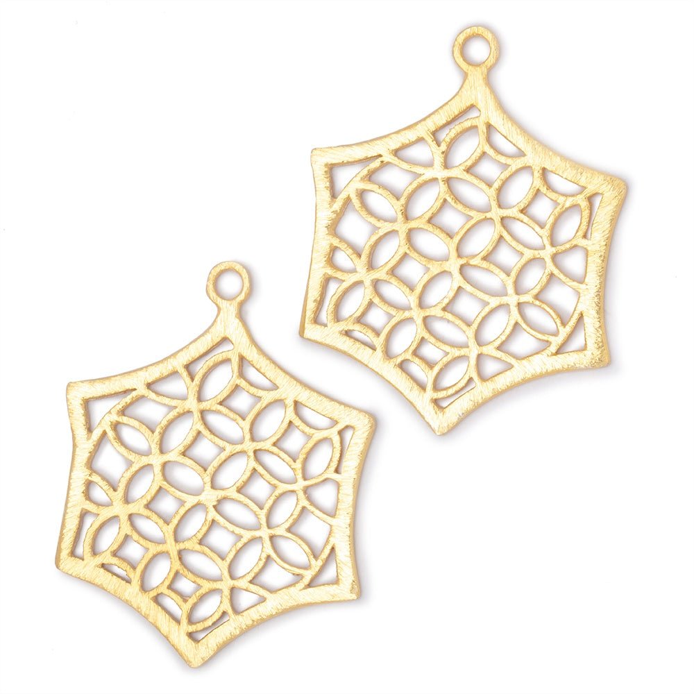 33x30mm 22kt Gold Plated Brushed Filigree Hexagon Charm Set of 2 pieces - Beadsofcambay.com