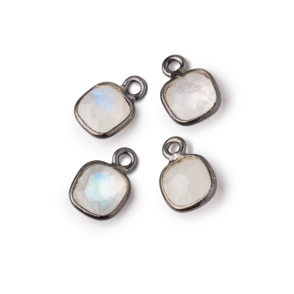 7mm Black Gold .925 Bezel Rainbow Moonstone faceted cushion focal Pendant Set of 4 pieces - BeadsofCambay.com