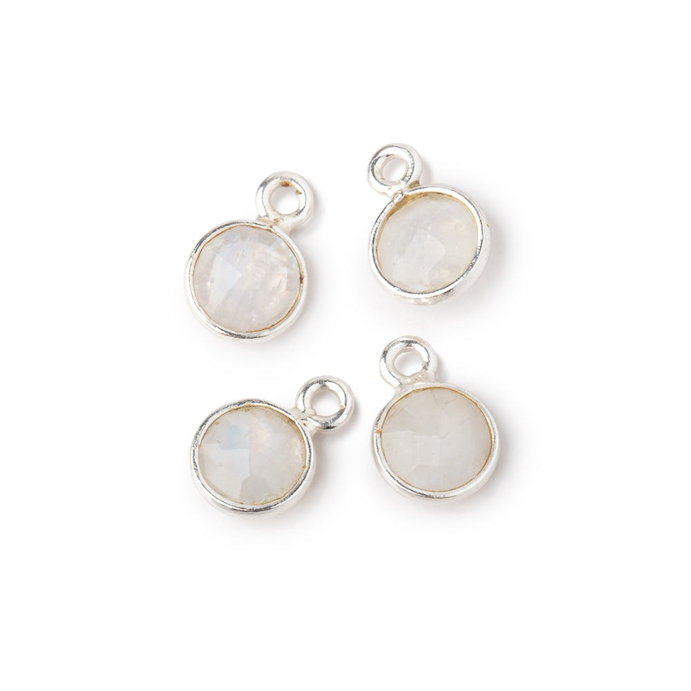 7mm Silver .925 Bezel Rainbow Moonstone faceted coin focal Pendant Set of 4 pieces - BeadsofCambay.com
