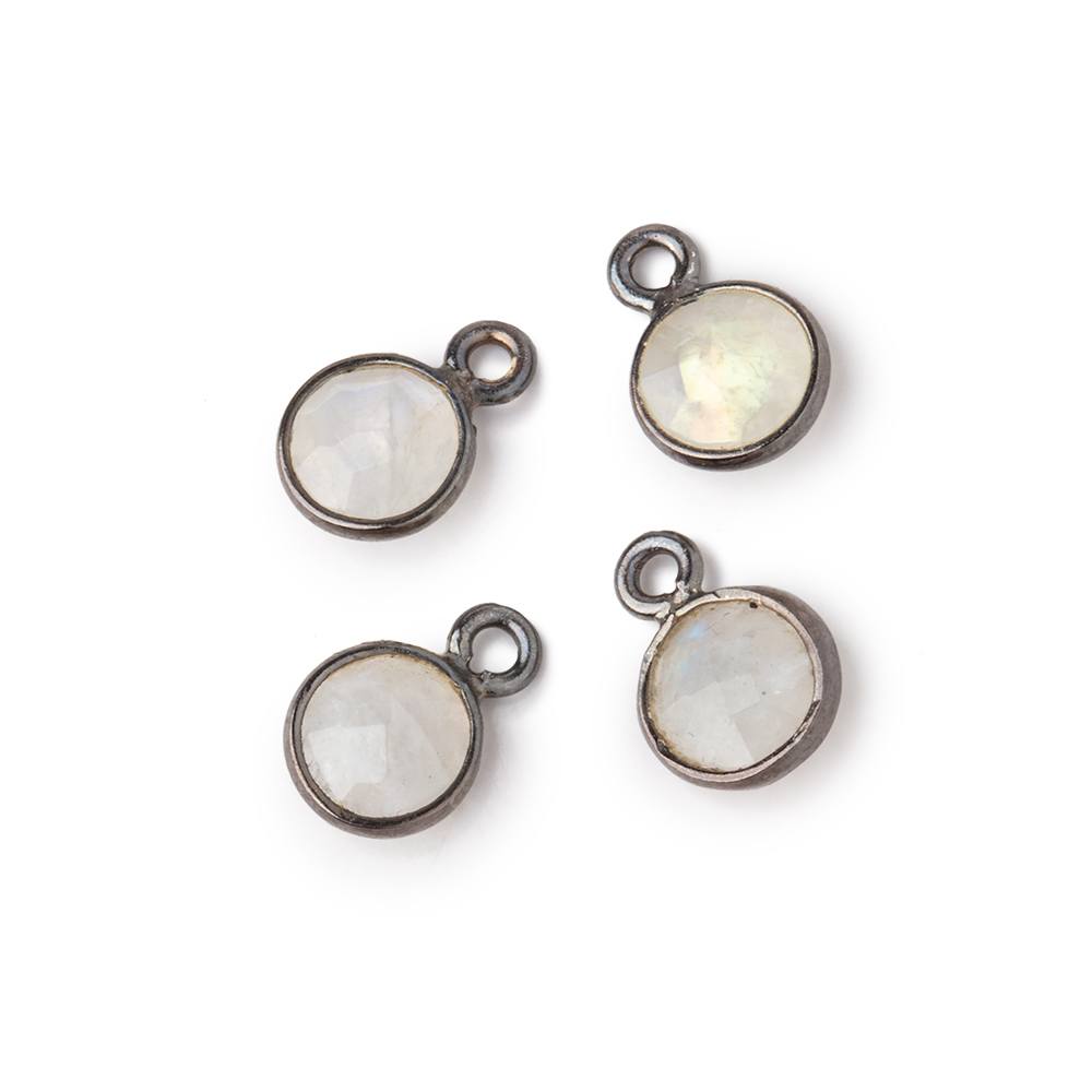 7mm Black Gold .925 Bezel Rainbow Moonstone faceted coin focal Pendant Set of 4 pieces - BeadsofCambay.com
