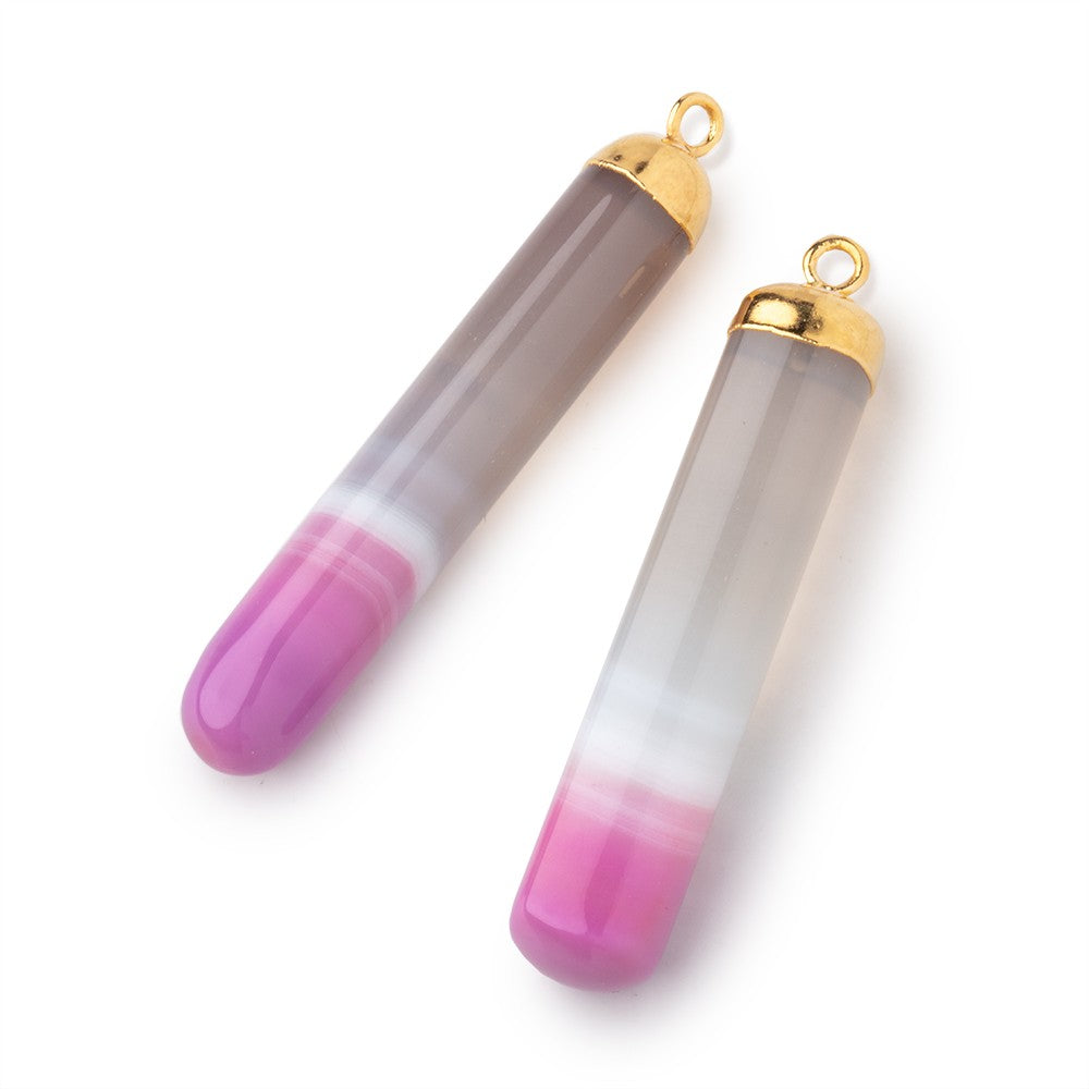 Gold Leafed Pink Banded Agate Tube Pendant Set of 2 pieces - BeadsofCambay.com